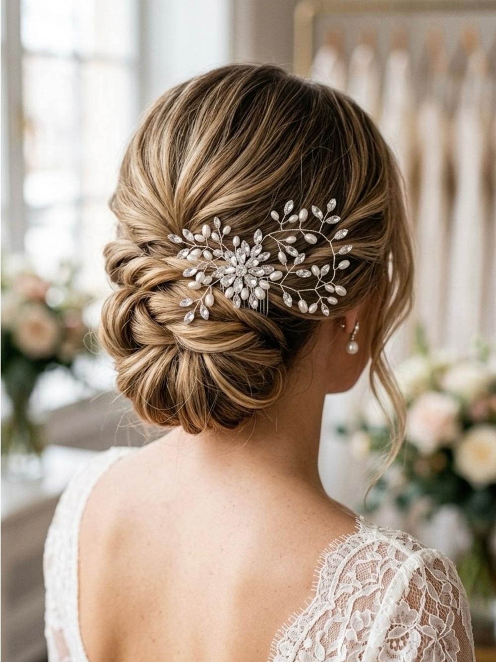 Pearl and Crystal Floral Bridal Hair Comb - Ivory/Silver